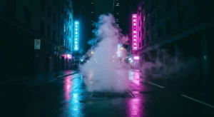 Rue nocturne détrempée éclairée par des néons colorés se reflétant sur le sol