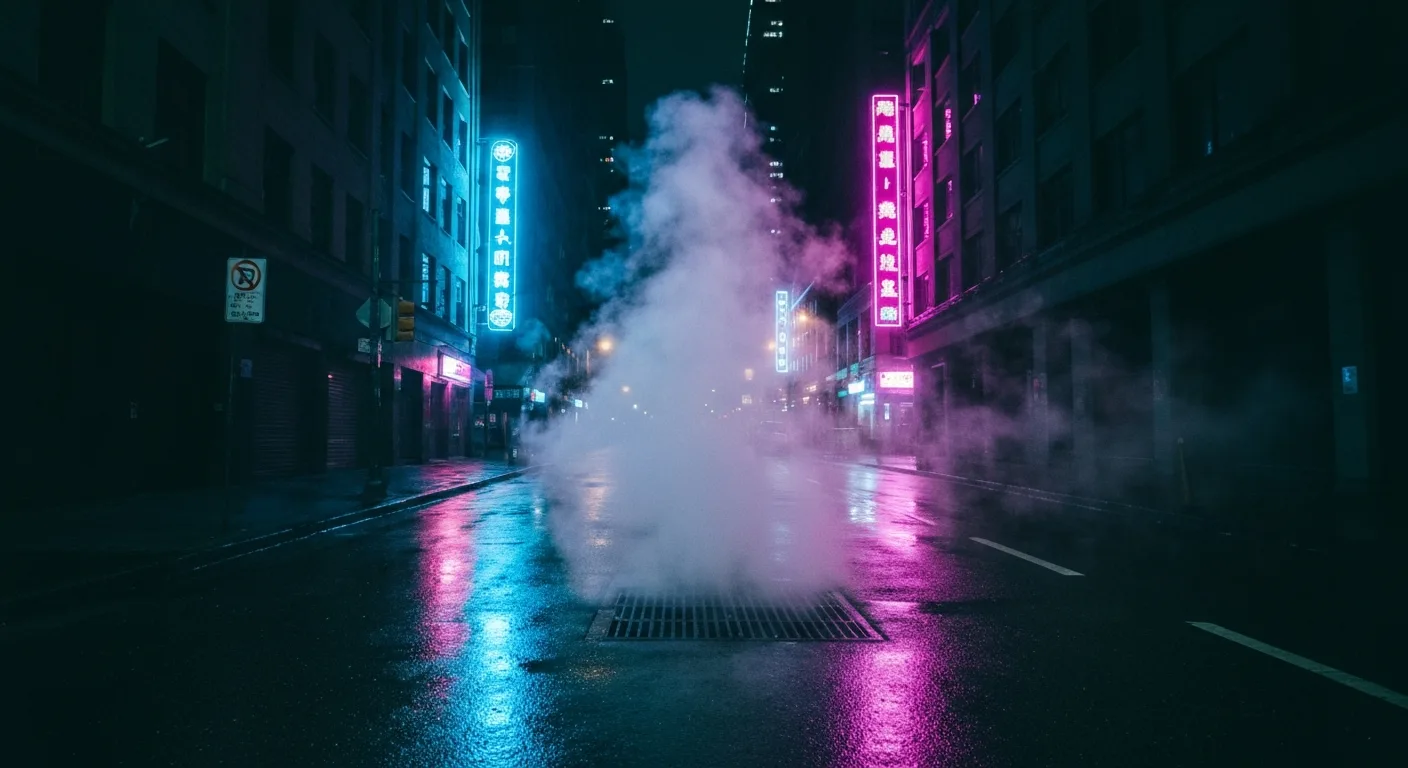 Rue nocturne détrempée éclairée par des néons colorés se reflétant sur le sol