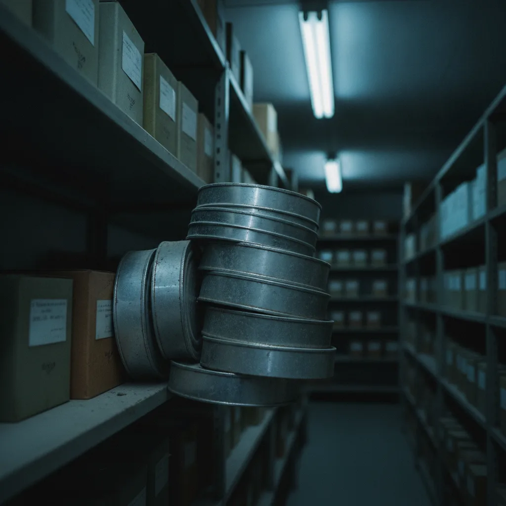 Boîtes de bobines de film empilées sur une étagère d'archives