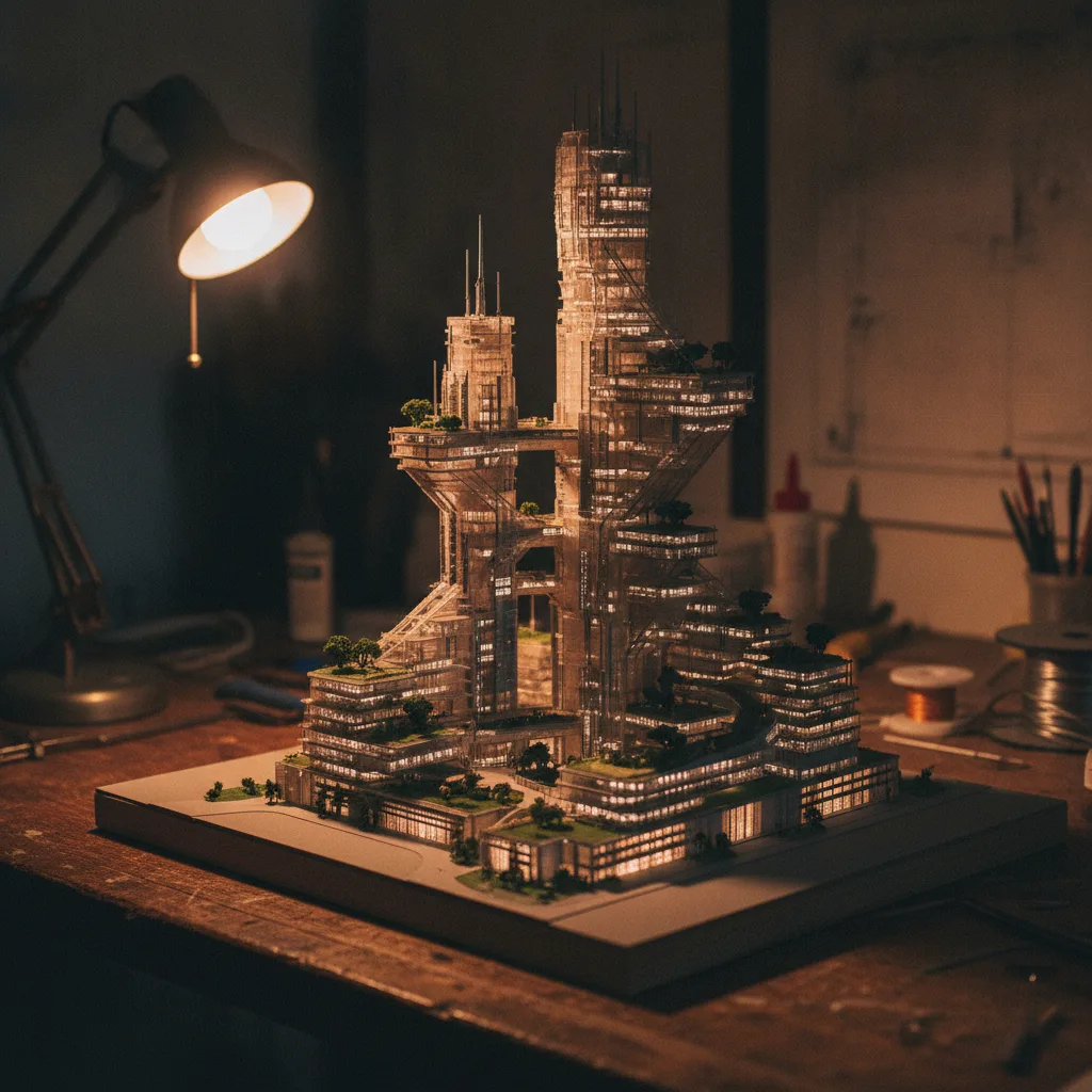 Maquette détaillée d'un quartier urbain futuriste sur un établi