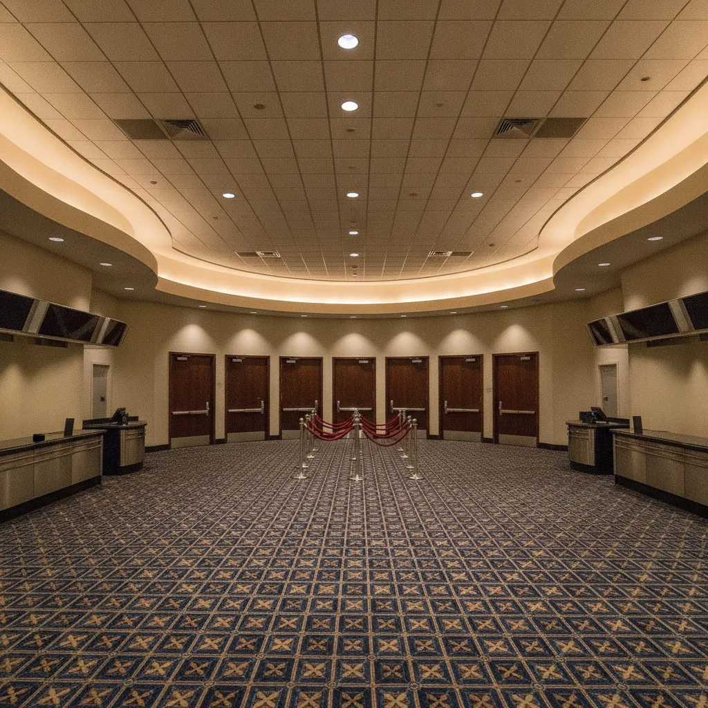 Hall de multiplexe désert avec plusieurs portes de salles fermées