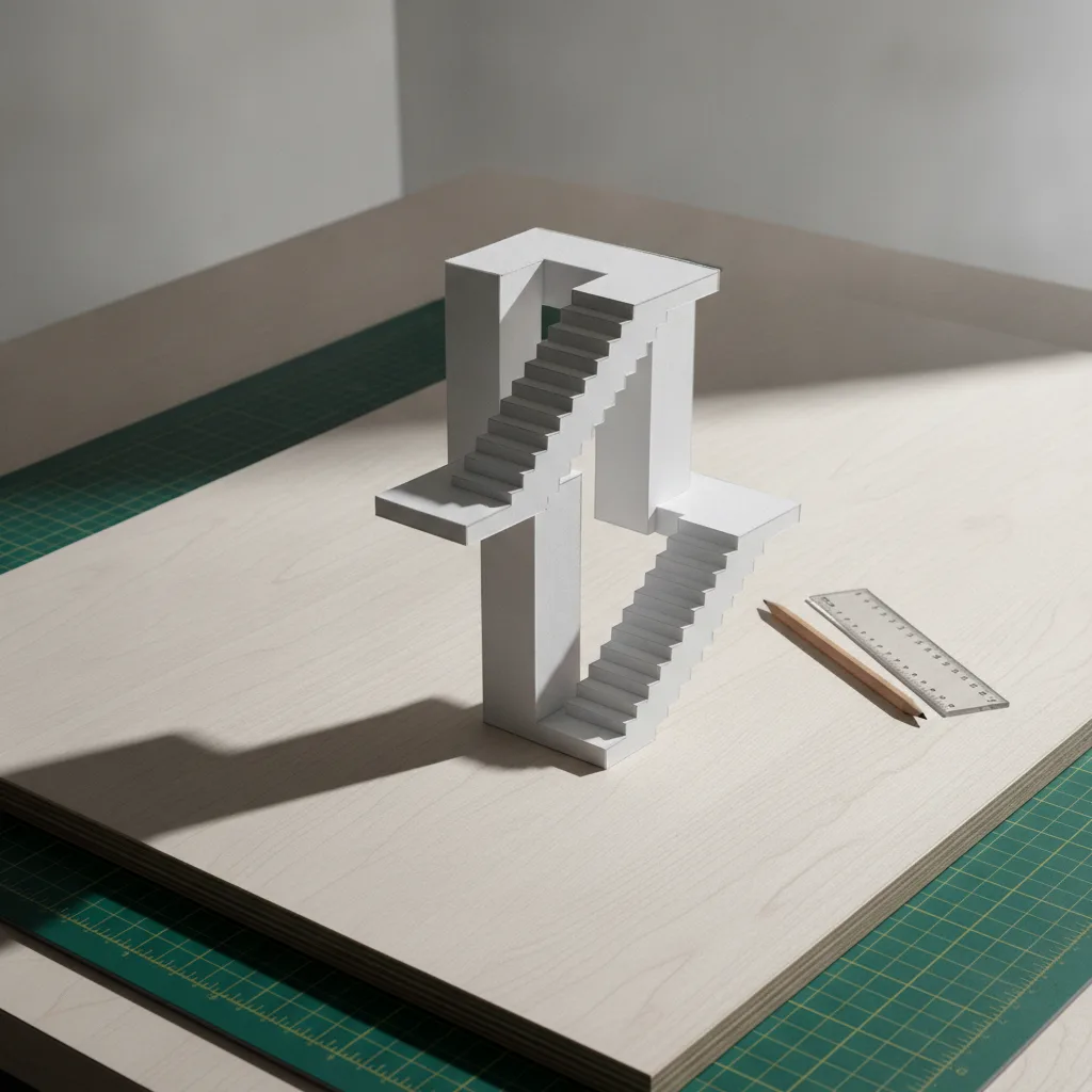 Maquette d'un escalier impossible posée sur une table à dessin