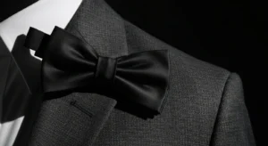 Nœud papillon noir et boutons de manchette posés sur un tissu de smoking