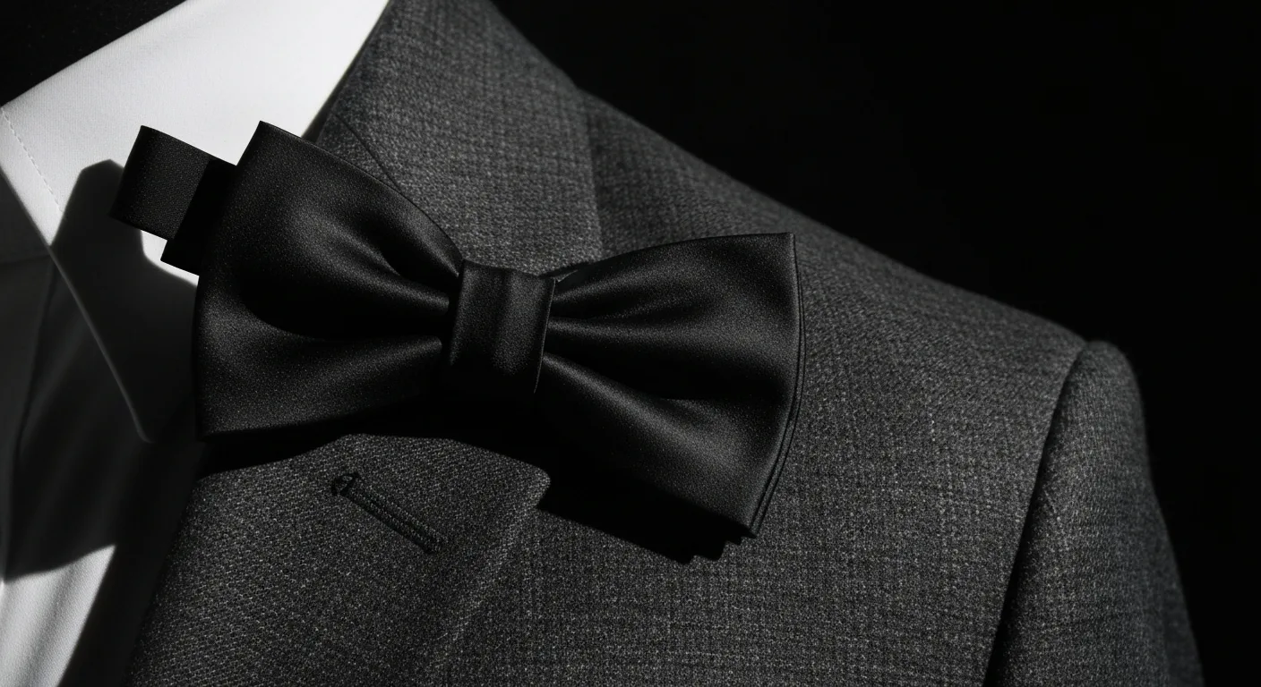 Nœud papillon noir et boutons de manchette posés sur un tissu de smoking