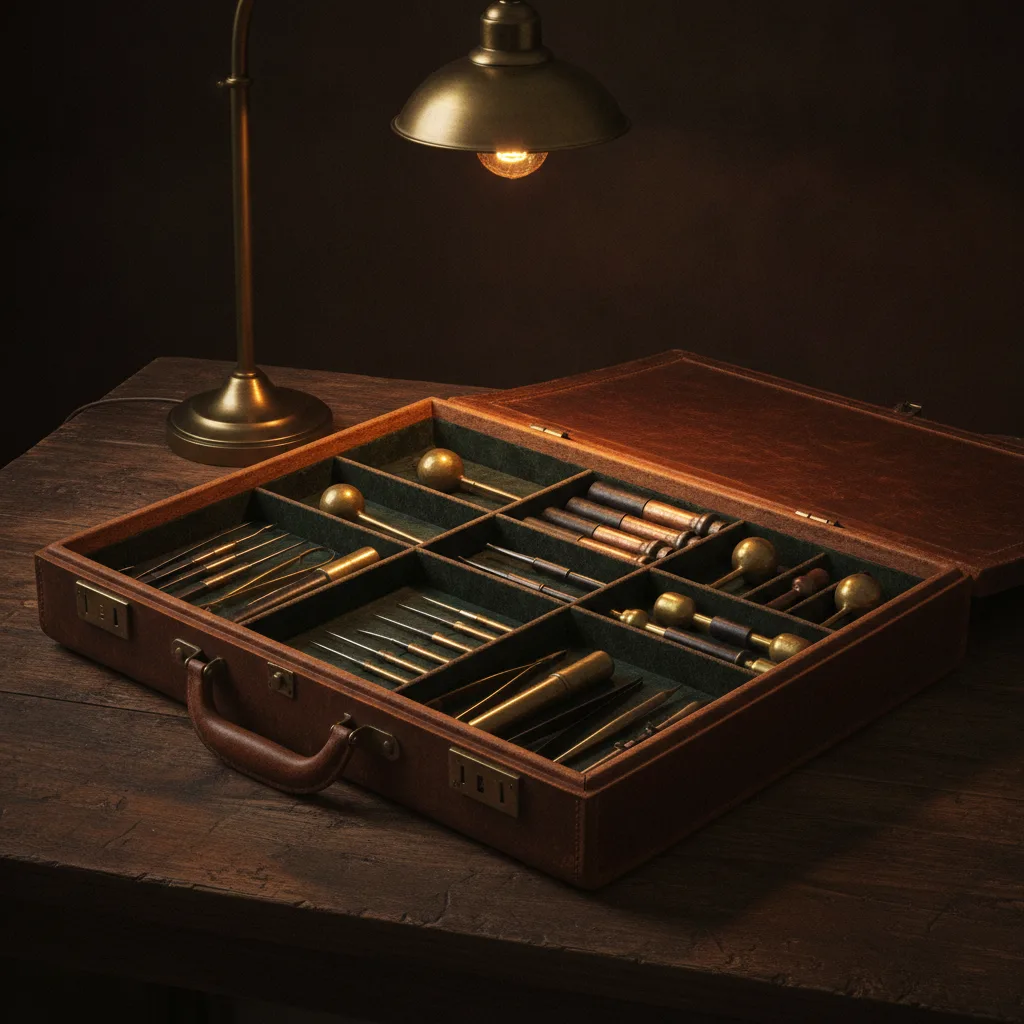 Mallette en cuir ouverte contenant des instruments métalliques rangés