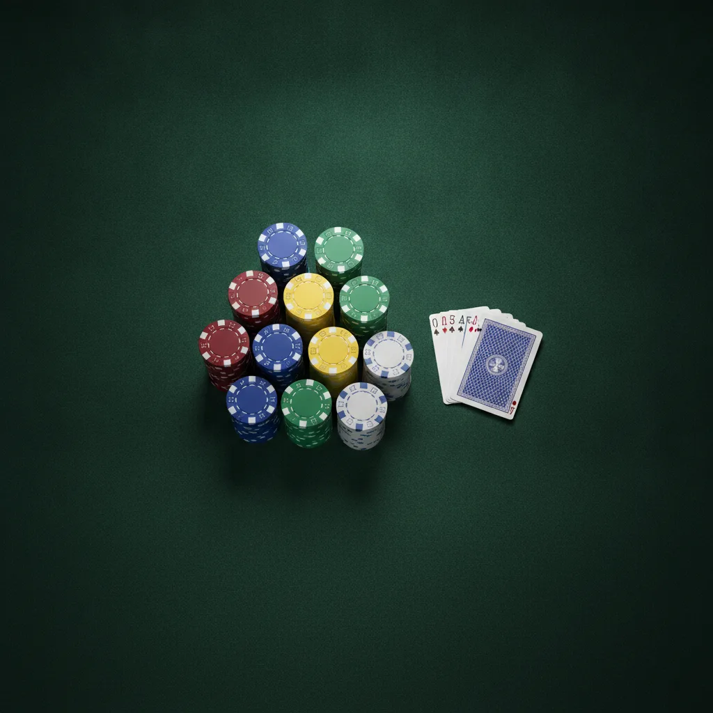 Table de casino vue de dessus avec piles de jetons et jeu de cartes