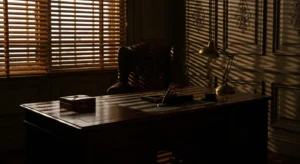 Bureau ancien faiblement éclairé avec fauteuil en cuir et stores baissés