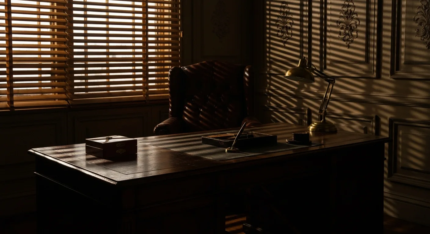 Bureau ancien faiblement éclairé avec fauteuil en cuir et stores baissés