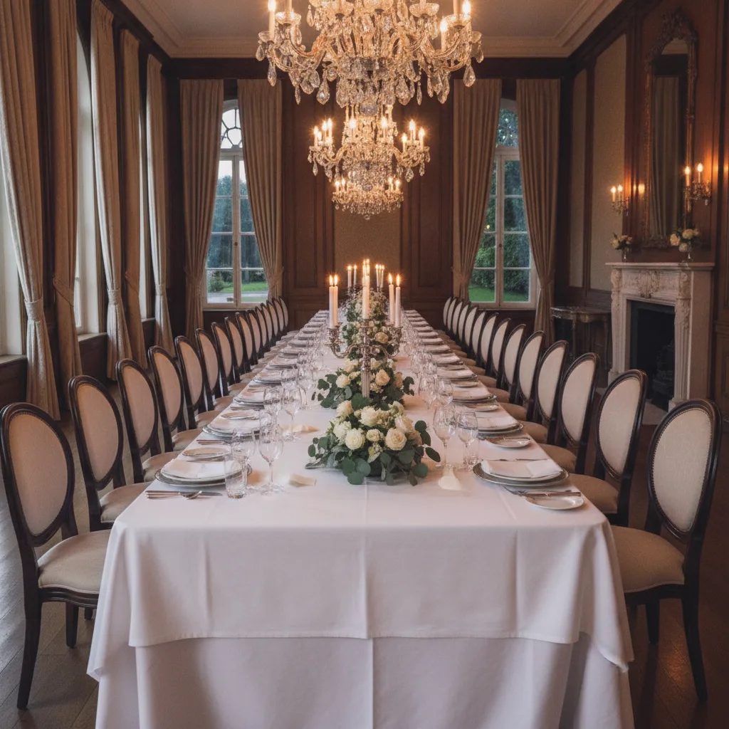 Longue table de repas familial dressée dans une salle à manger vide