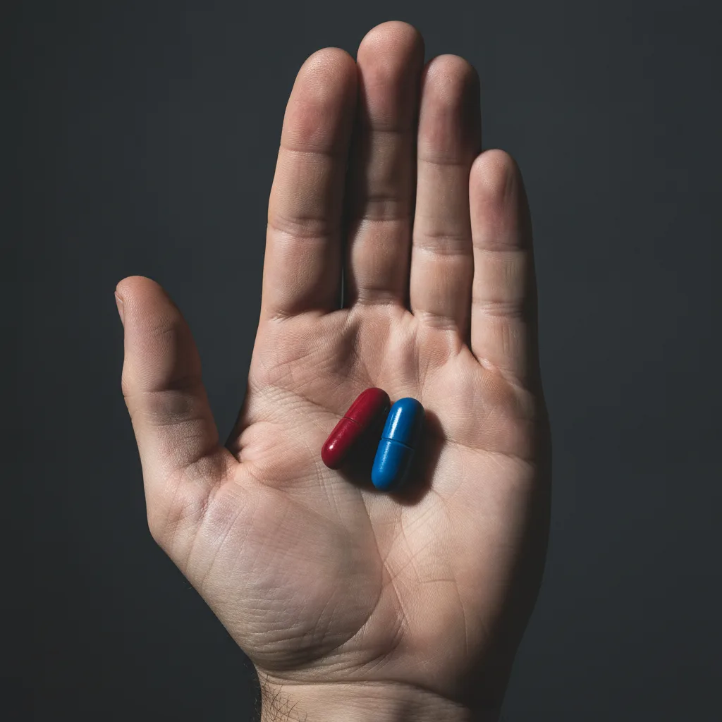 Deux gélules, une rouge et une bleue, posées dans une paume ouverte