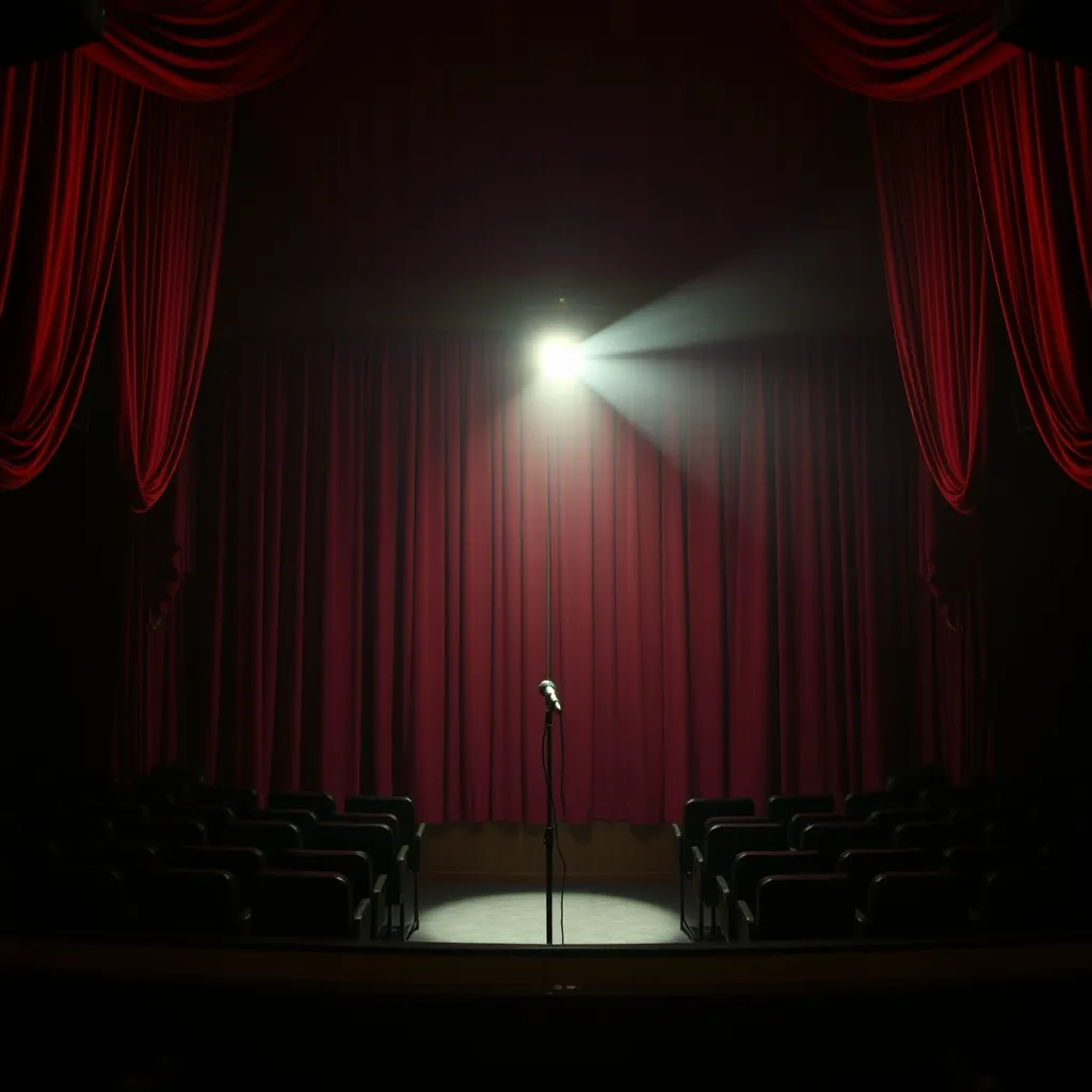 Une scène de théâtre vide avec rideaux de velours rouge, évoquant le Club Silencio du film
