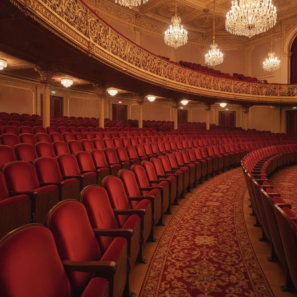Rangées de fauteuils rouges vides dans un théâtre à balcons