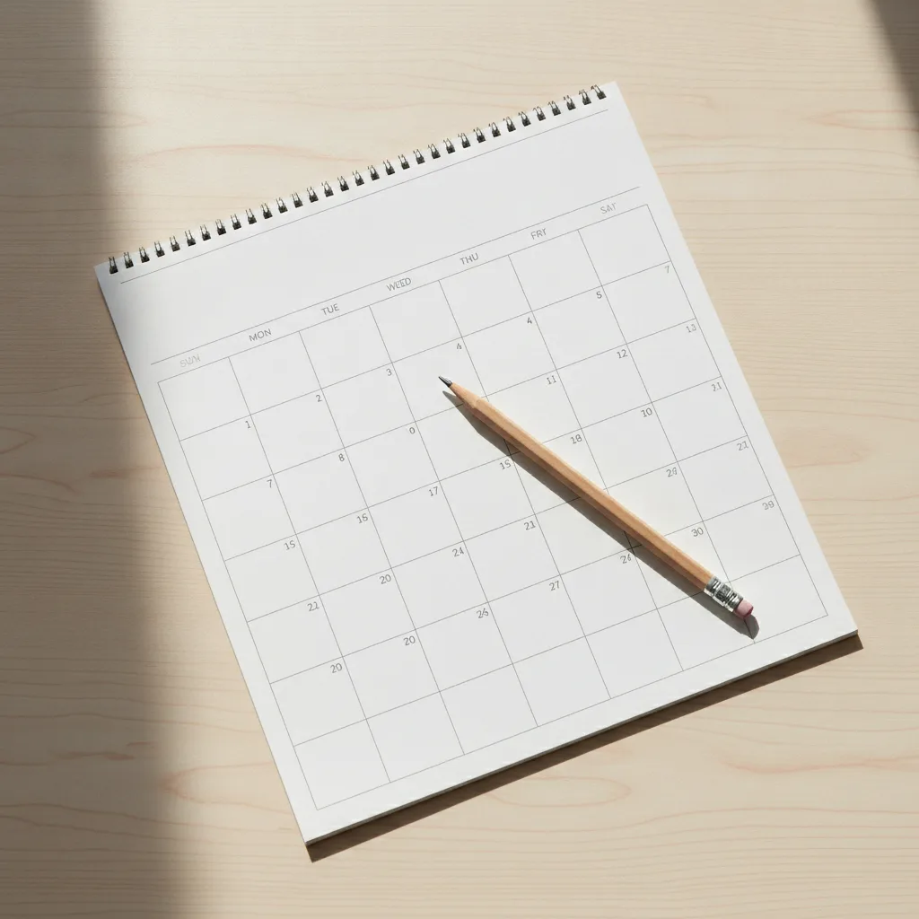 Page de calendrier mensuel vierge posée sur un bureau avec un crayon