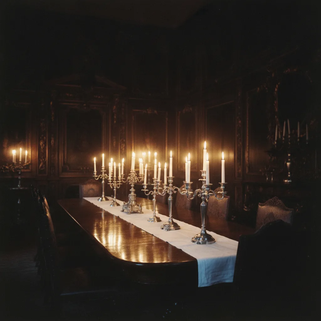 Salle à manger du XVIIIe siècle éclairée uniquement à la bougie