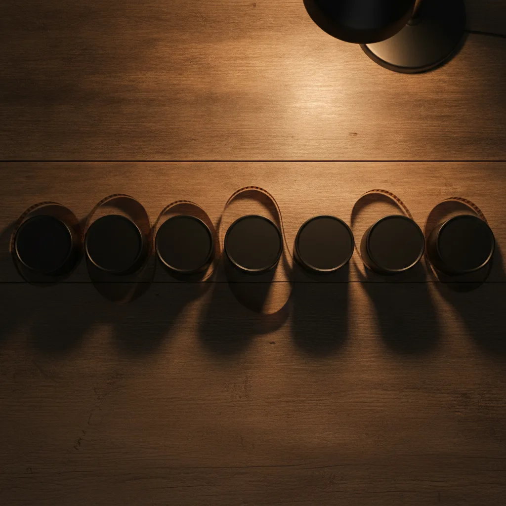 Bobines de film alignées dans l'ordre sur une table en bois