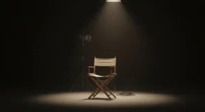 Fauteuil de réalisateur en toile posé devant un plateau de tournage vide