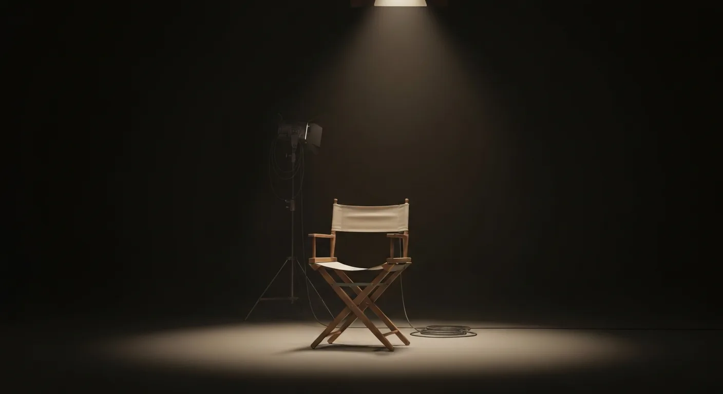Fauteuil de réalisateur en toile posé devant un plateau de tournage vide