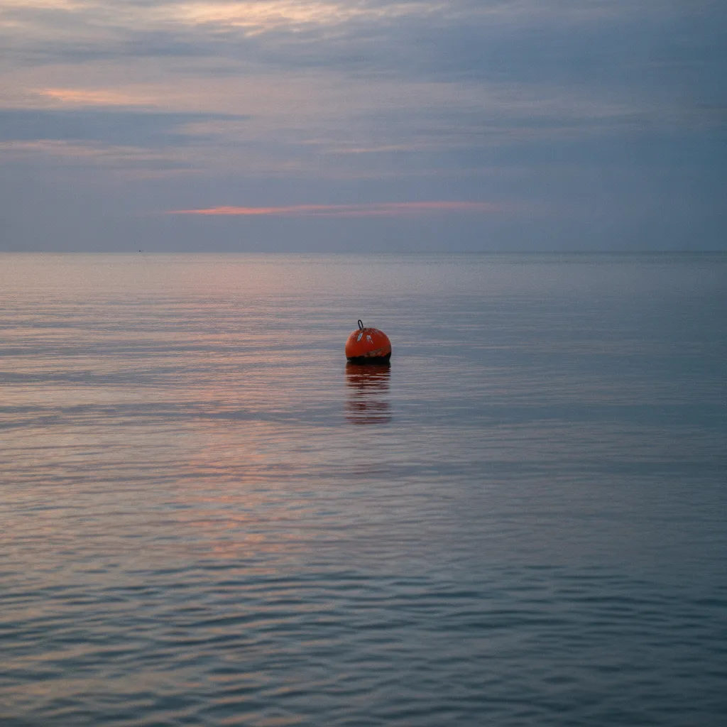 Bouée orange isolée sur une mer calme au crépuscule