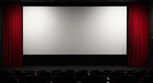 Écran de projection blanc encadré de rideaux sombres dans une salle vide