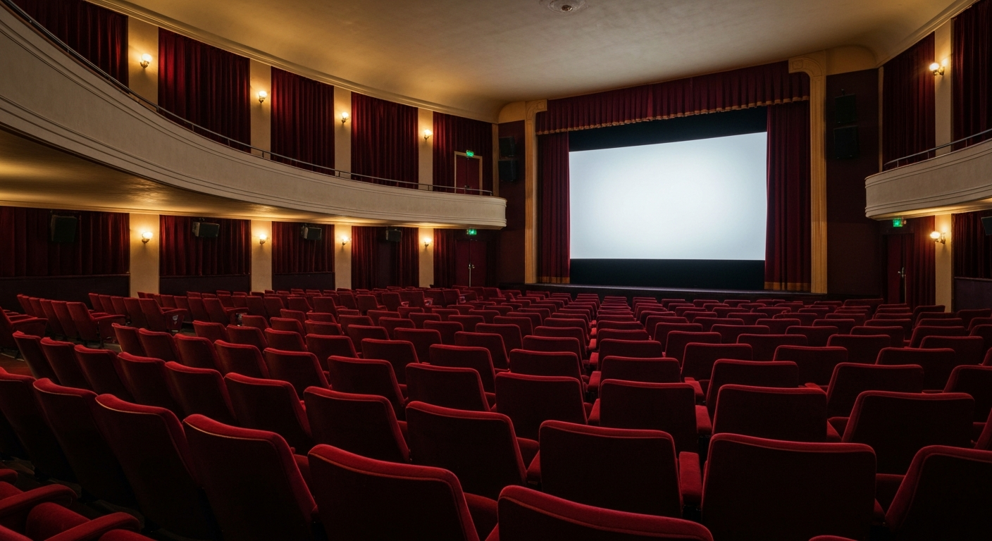 Rangée de fauteuils rouges dans une salle de cinéma vide face à l écran éclairé