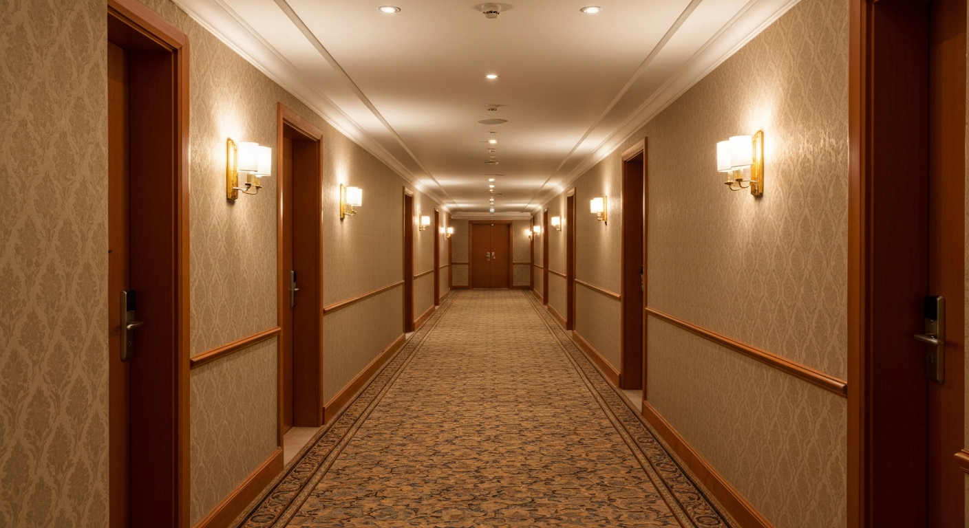 Couloir d hôtel symétrique à la moquette à motifs