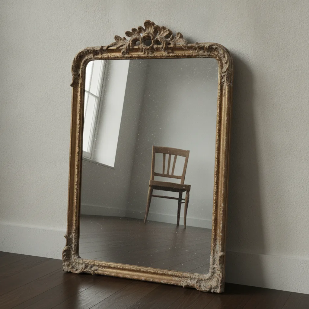 Miroir ancien appuyé contre un mur reflétant une pièce vide