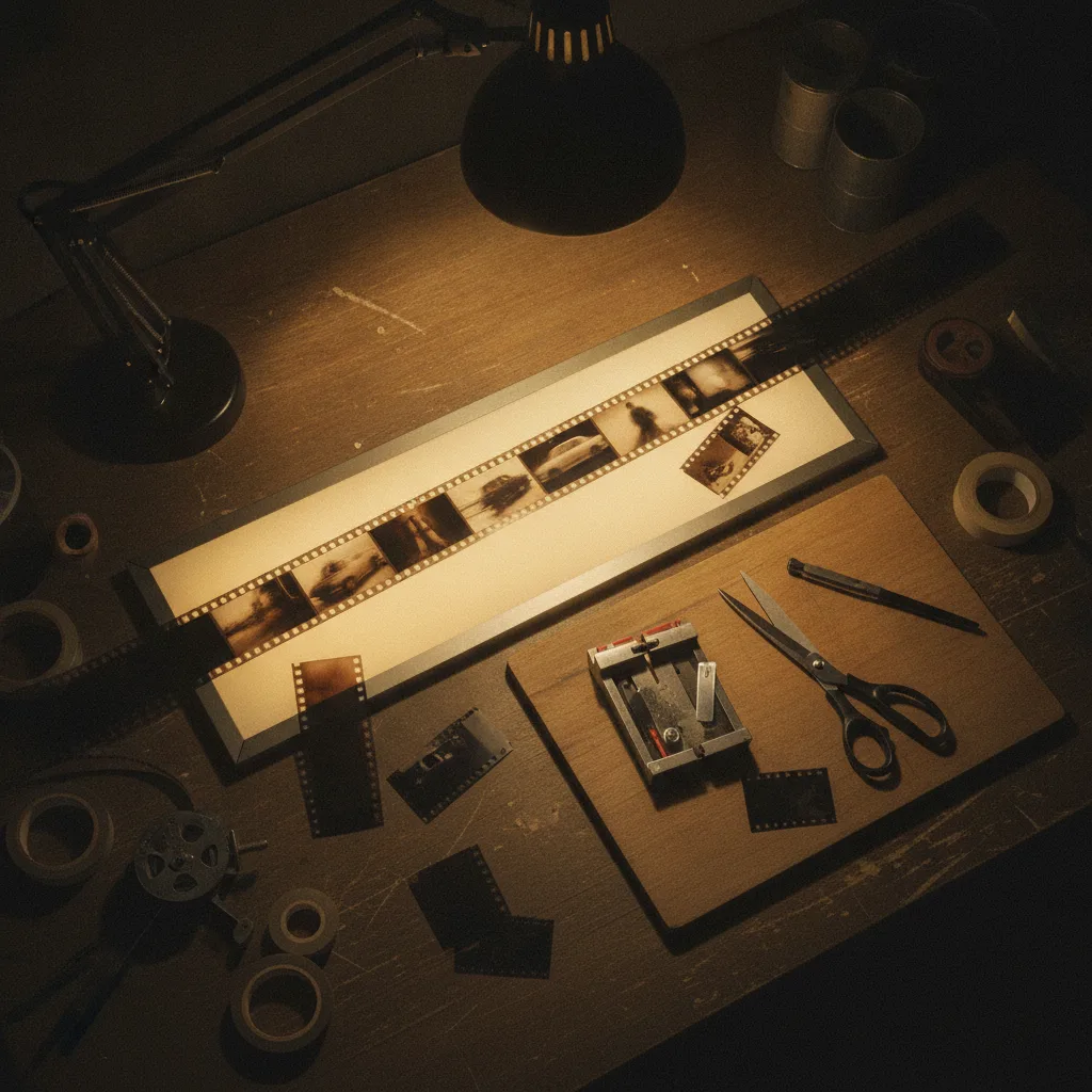 Table de montage avec bande de film, ciseaux et outil de collage