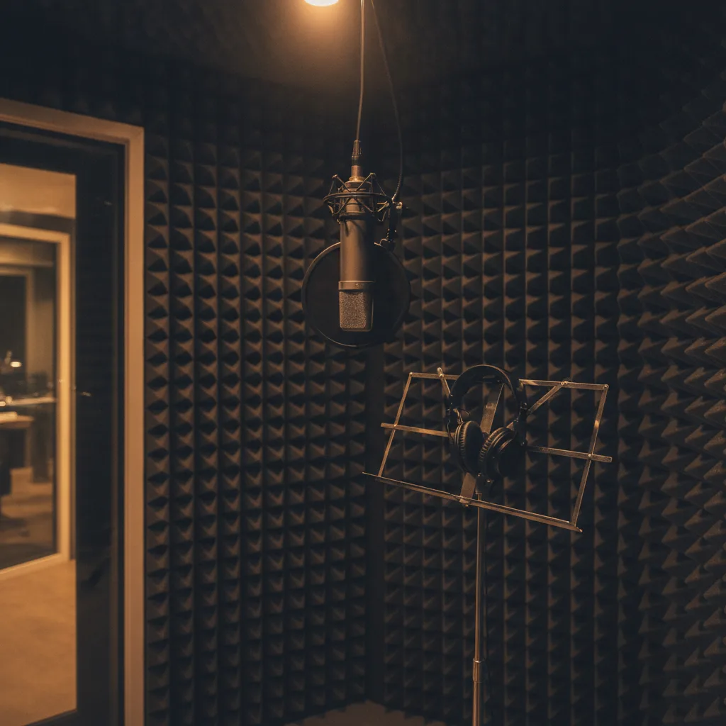 Cabine de studio d'enregistrement avec micro suspendu et casque