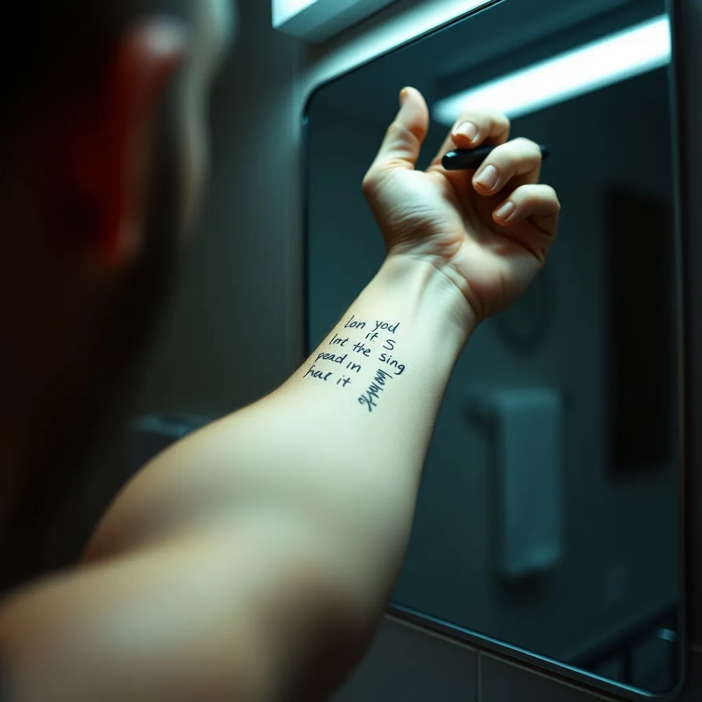 Des inscriptions au stylo sur un avant-bras, le tatouage comme mémoire externe dans Memento