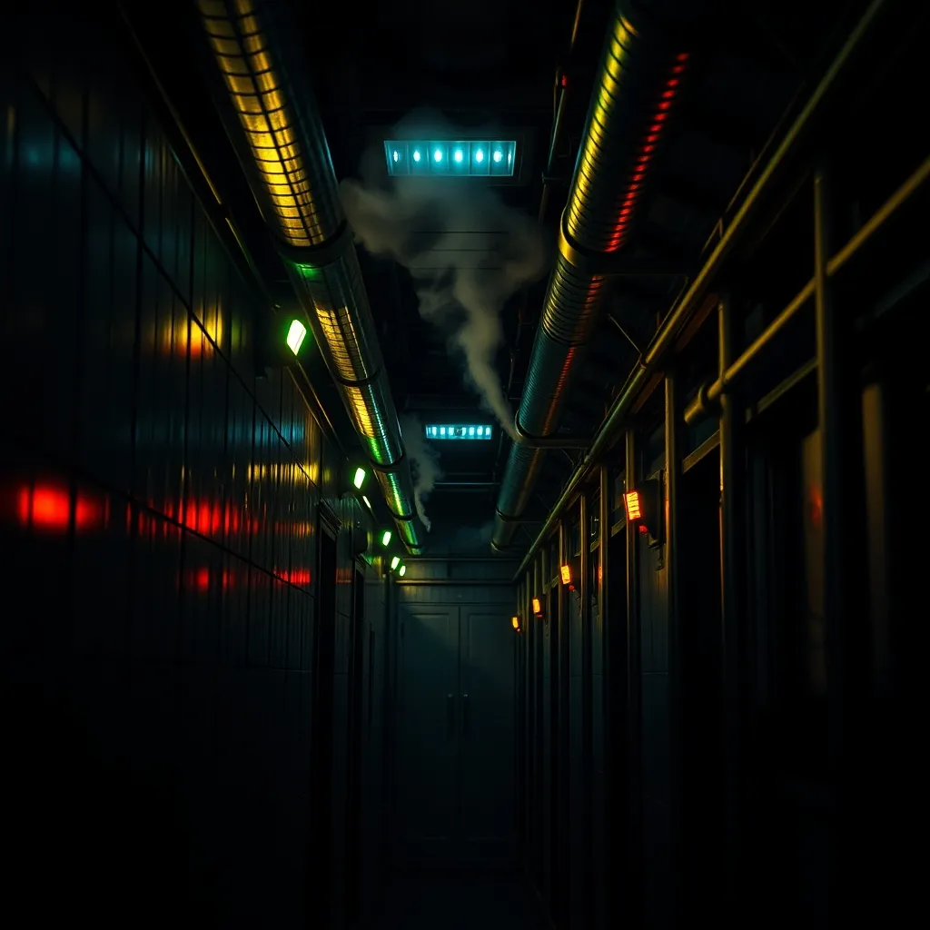 Un couloir industriel sombre aux allures de vaisseau spatial, atmosphère typique de la saga Alien