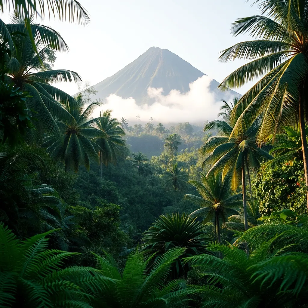 Un paysage tropical dense évoquant les îles Isla Nublar et Isla Sorna, décors principaux de la trilogie originale