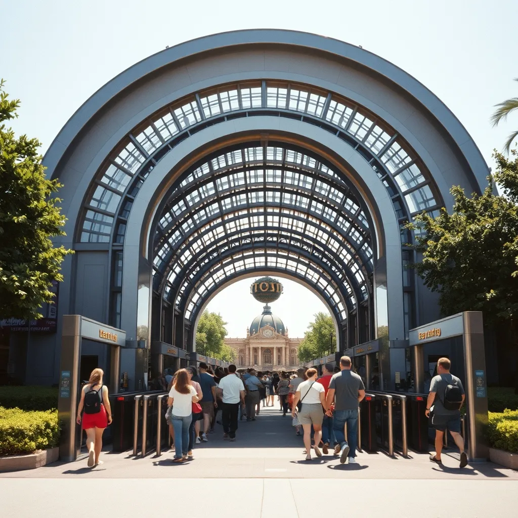 L'entrée d'un parc à thème moderne, rappelant le concept de Jurassic World tel qu'imaginé dans la trilogie de 2015 à 2022