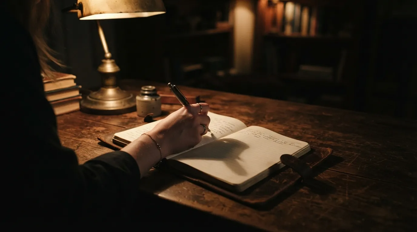 Un journal intime posé sur un bureau sombre, élément central de la mise en scène orchestrée par Amy dans Gone Girl