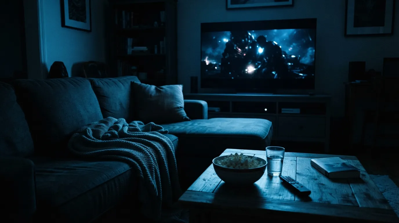 Soirée horreur sur Netflix : lumière bleutée, canapé et pop-corn pour une séance de frissons