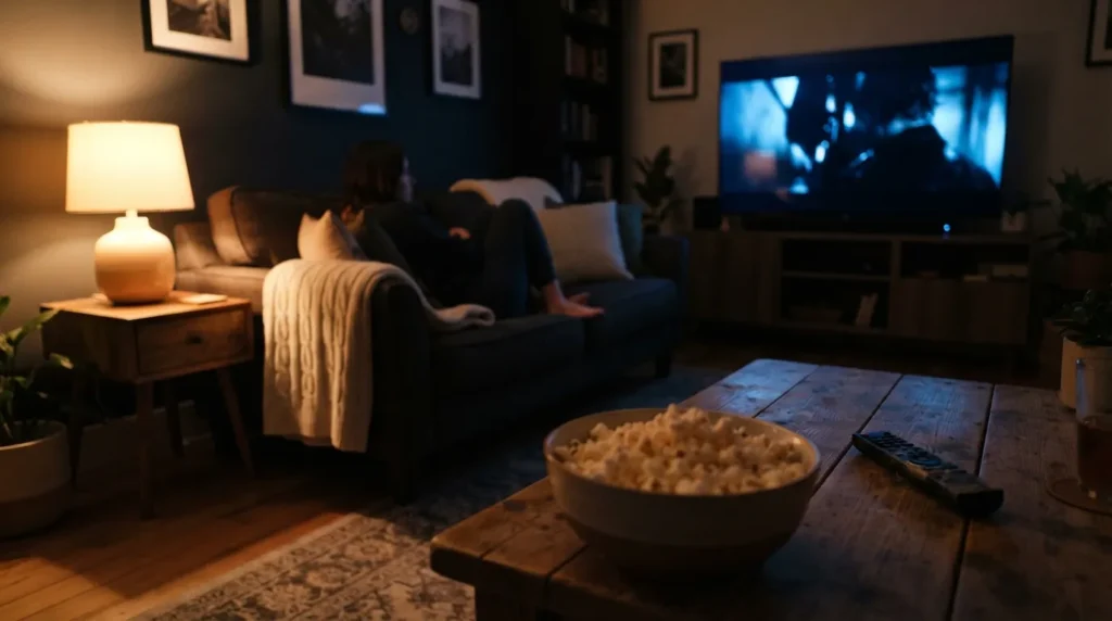 Un salon prêt pour une soirée cinéma sur Prime Video, pop-corn et écran allumé
